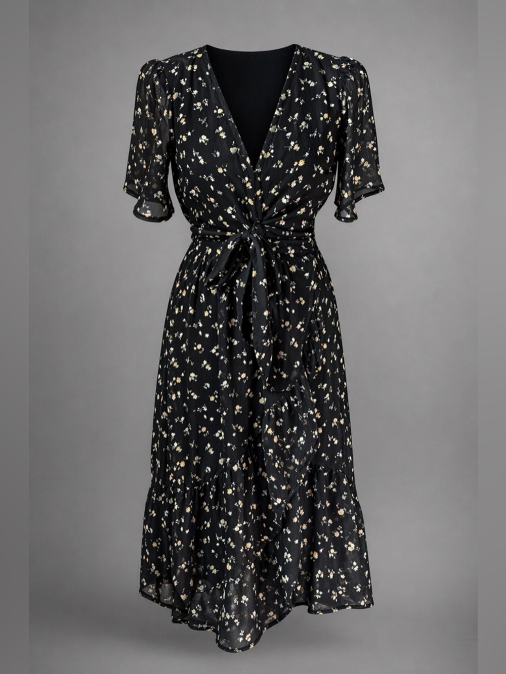 Abercrombie & Fitch Black Floral Wrap Dress Tie Waist Boho Midi XSP